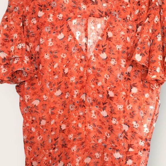 French Connection Midi Sz 12 Sheer‎ Chiffon Tea Flutter Sleeve Dress Pumpkin - Picture 7 of 12